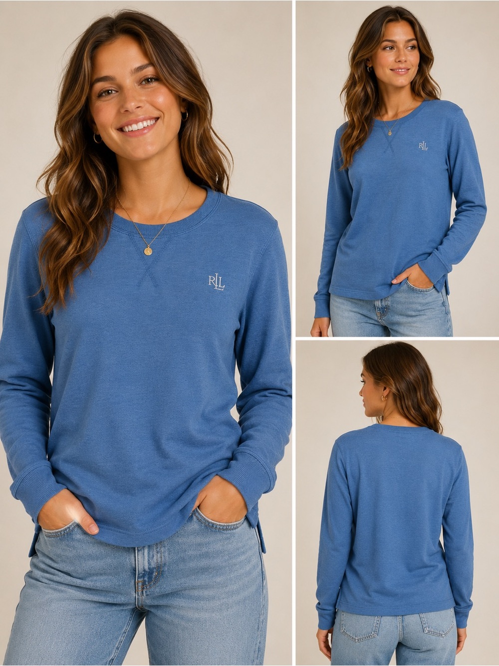 Lauren Ralph Lauren Blue Long Sleeve Logo Tee Size Medium